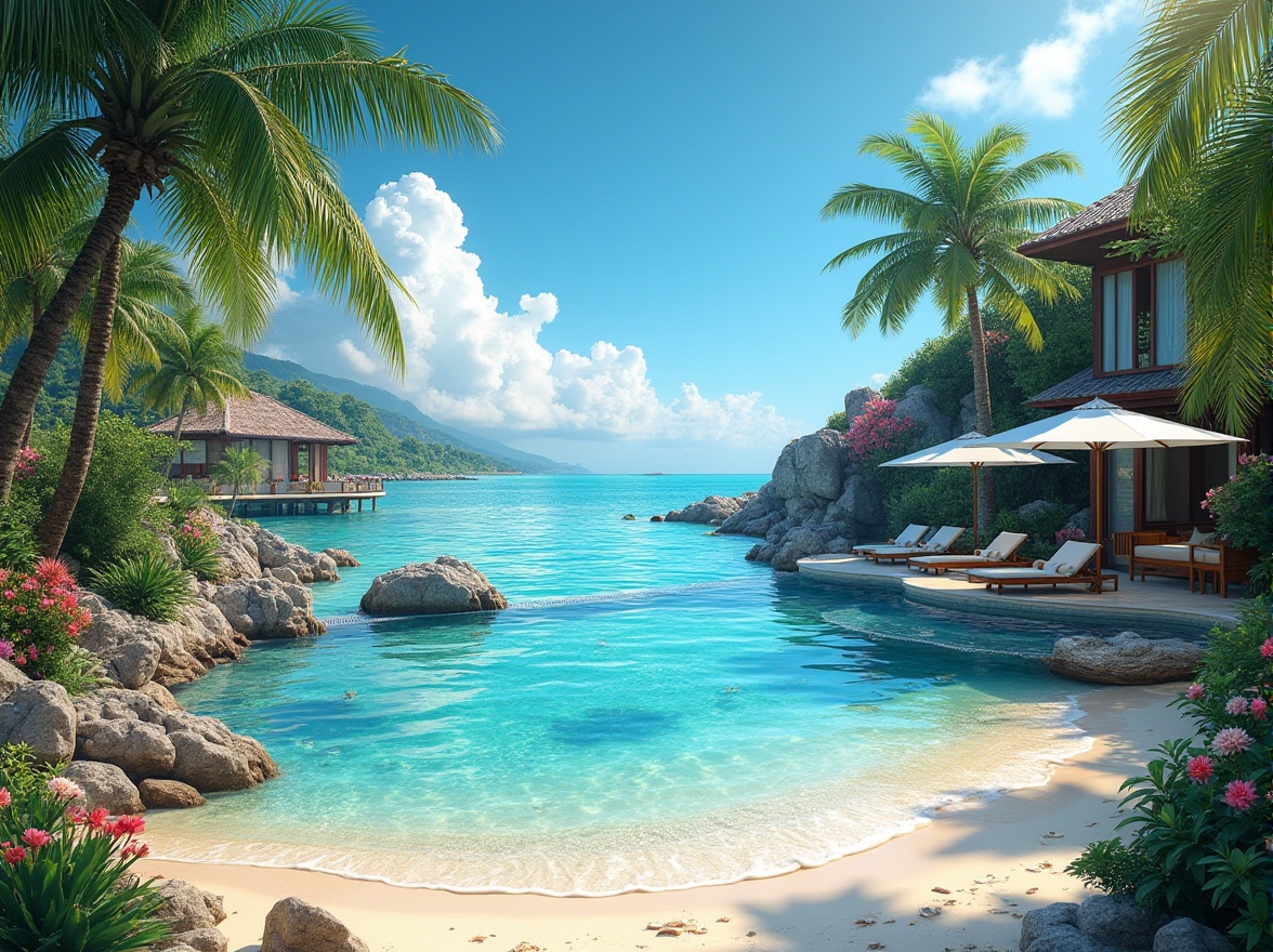 Prompt: Tropical island, private oasis, luxurious villa, infinity pool, crystal clear water, waterfall feature, rock formations, lush greenery, palm trees, colorful exotic flowers, comfortable lounge chairs, umbrellas, warm sandy beach, seashells, driftwood, turquoise ocean, sunny day, bright blue sky, puffy white clouds, 3/4 composition, soft natural lighting, serene atmosphere.