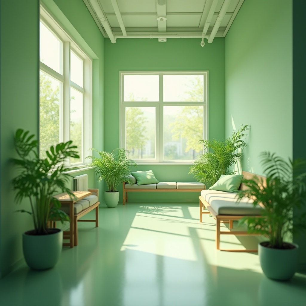 Prompt: Green calming hospital interior, natural light pouring through large windows, various shades of green walls, soothing ambiance, gentle curves, minimalist modern furniture, lush green plants scattered throughout, wooden accents, peaceful atmosphere, warm soft lighting, 3/4 composition, shallow depth of field, blurred background, vibrant green accents, calming sound effects.