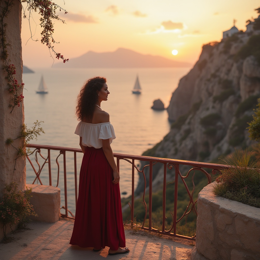 Prompt: Burgundy accented coastal villa, Mediterranean style, mature lady, 35yo, curly burgundy hair, subtle makeup, elegant pearl necklace, white off-shoulder blouse, high-waisted burgundy maxi skirt, sandals, standing, gazing out at the sea, serene ocean view, dramatic cliffs, sailboats in distance, warm sunset light, soft focus, atmospheric perspective, gentle sea breeze, natural textures, earthy tones.