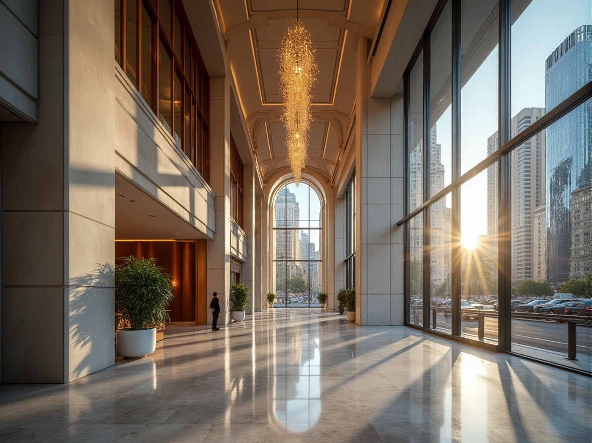 Prompt: Limestone skyscraper, modern architecture, sleek lines, reflective glass windows, grand entrance, luxurious lobby, marble floor, high ceiling, chandelier, busy street, cityscape, metropolitan area, daytime, clear sky, warm sunlight, dramatic shadows, 3/4 composition, low-angle shot.