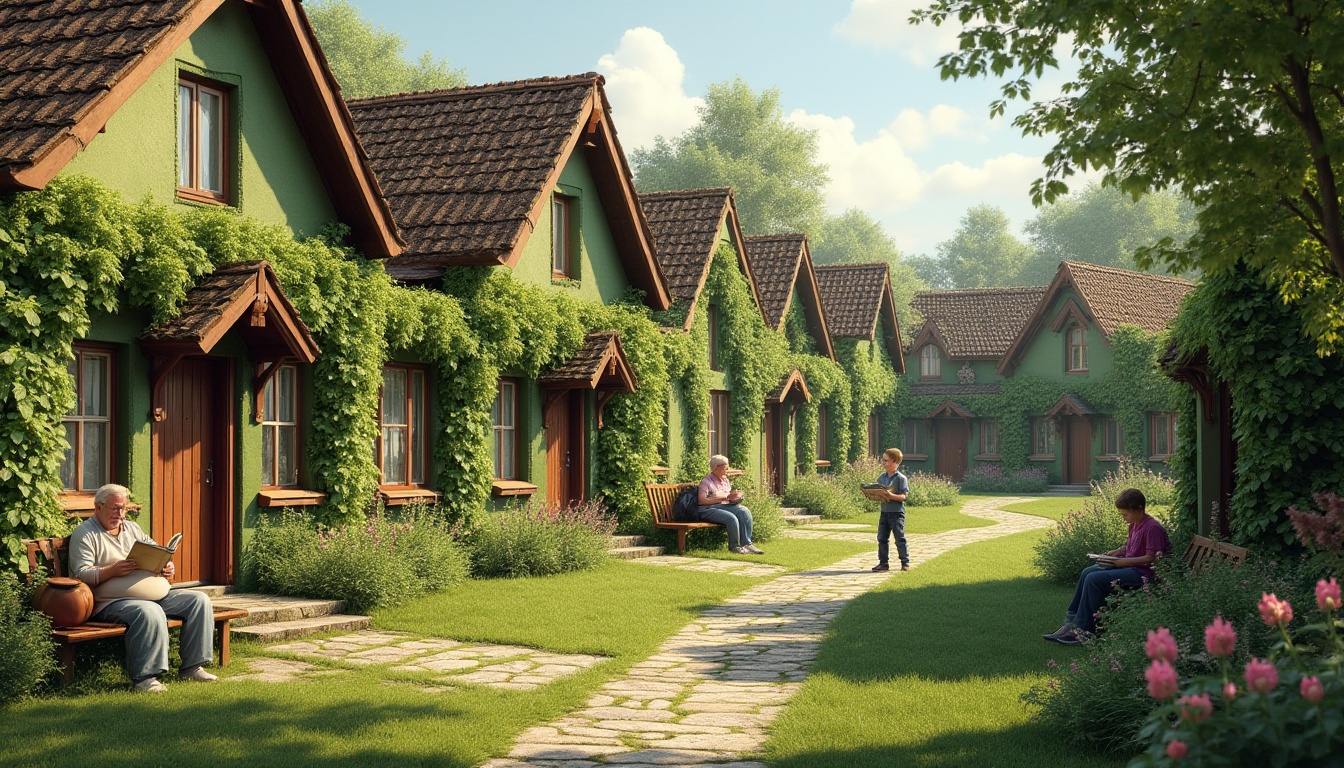 Prompt: Rural social housing, moss green exterior walls, natural blended with surroundings, wooden doors, windows with white frames, clay roof tiles, lush greenery surrounding buildings, wildflowers blooming, winding stone paths, residents sitting on benches, reading books, children playing tag, sunny day, soft warm lighting, 3/4 composition, gentle focus on characters.