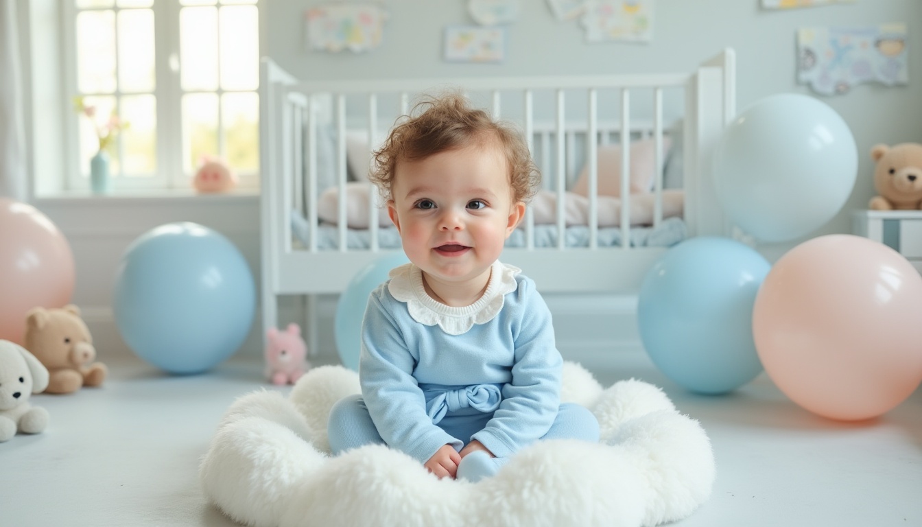 Prompt: Trendy baby, blue color, sweet innocent face, rosy cheeks, tiny nose, bright curious eyes, soft curly hair, gentle smile, onesie with white collar, blue ribbon tied at waist, sitting on a fluffy cloud-shaped pillow, surrounded by pastel colored balloons and toys, in a modern nursery with white furniture, large windows, and soft natural light.