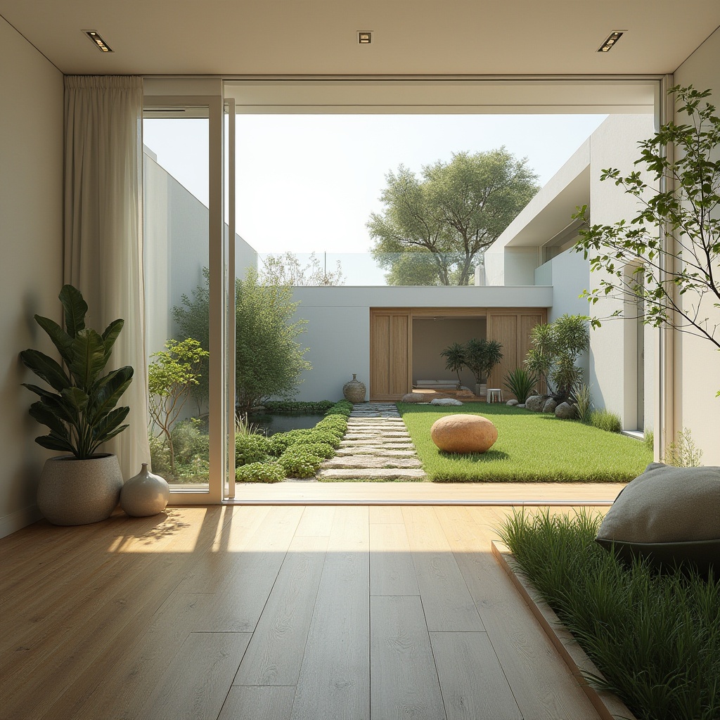 Prompt: Suburban space, minimalist architecture, modern villa, large windows, sliding glass doors, natural light, open floor plan, minimal ornamentation, clean lines, simple shapes, white walls, wooden floors, low-profile furniture, greenery, potted plants, backyard garden, small pond, stone pathway, morning sunlight, soft shadows, 3/4 composition, warm color palette, serene atmosphere, peaceful ambiance.