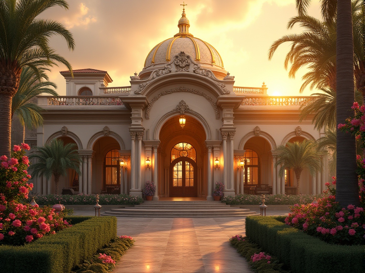 Prompt: Luxurious villa, Mediterranean style, golden dome, intricate ornate details, warm golden light, sunset ambiance, elegant arches, marble columns, grand entrance, lush greenery surrounding, vibrant bougainvillea flowers, gentle misty atmosphere, soft focus, 3/4 composition, cinematic lighting.