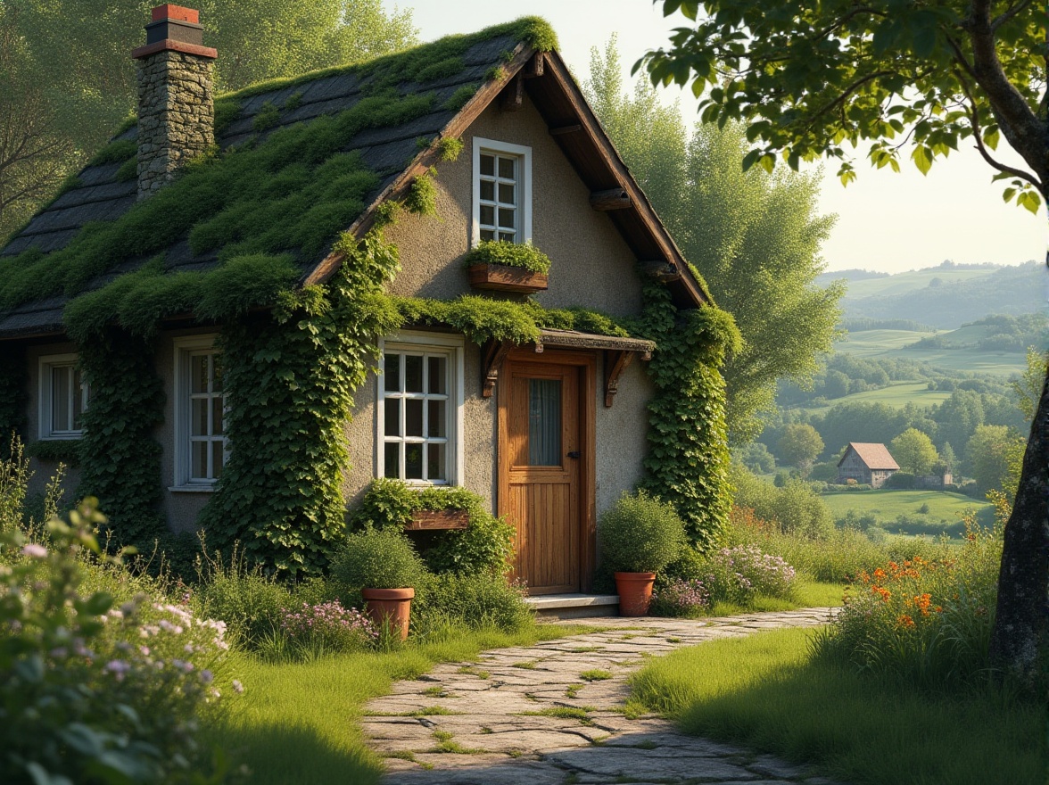 Prompt: Rural social housing, moss green exterior walls, calm atmosphere, small town, rolling hills, countryside, wooden door, white windows, stone pathway, lush greenery surroundings, vines climbing up the wall, wildflowers blooming, natural light, warm ambient lighting, 3/4 composition, peaceful scene, soft focus, shallow depth of field.