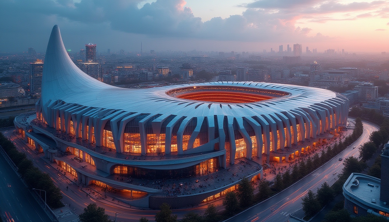 Prompt: Modern stadium, futuristic architecture, sleek curves, angular lines, fiber-cement material, textured façade, metallic accents, evening lighting, vibrant colors, dynamic composition, shallow depth of field, dramatic shadows, high-angle shot, urban landscape, cityscape backdrop, bustling atmosphere.