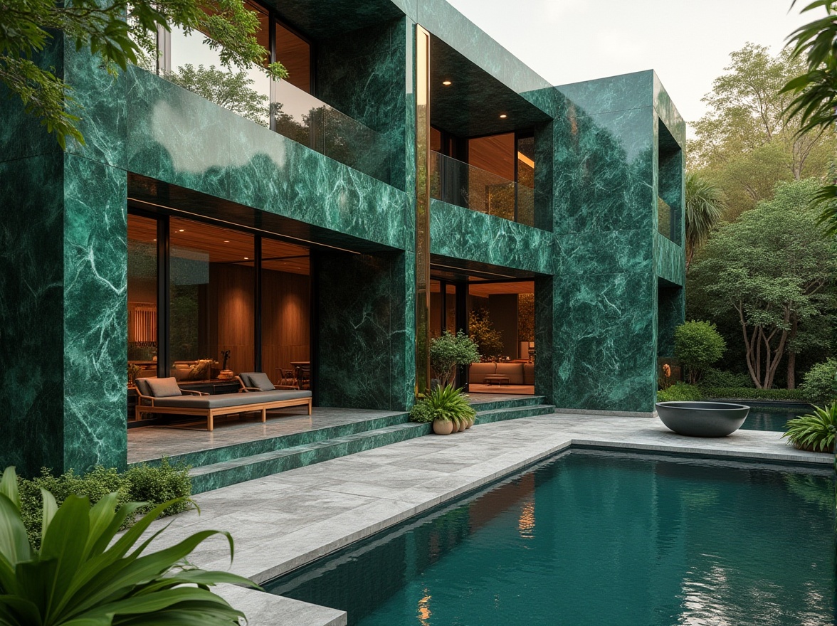 Prompt: Modern luxury villa, exterior wall covered in Malachite green marble, intricate geometric patterns, copper accents, floor-to-ceiling windows, sleek lines, minimalist decor, lush greenery surrounding, natural stone pathway, serene water features, warm golden lighting, 3/4 composition, shallow depth of field, cinematic ambiance, soft focus on background.