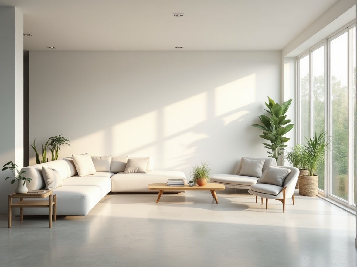 Prompt: Modern minimalist living room, empty space, white walls, polished concrete floor, low-profile sofa, Scandinavian design, wooden coffee table, potted plants, natural light pouring in through large windows, simple geometric shapes, clean lines, neutral color palette, ambient lighting, 3/4 composition, warm atmosphere, afternoon sunlight, gentle shadows.