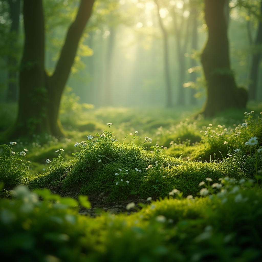 Prompt: Moss green, calming atmosphere, serene landscape, forest floor, lush vegetation, tiny white flowers, soft moss texture, delicate blades of grass, subtle mist, warm sunlight filtering through trees, gentle breeze rustling leaves, peaceful ambiance, natural setting, earthy tones, organic shapes, detailed foliage, realistic lighting, shallow depth of field.