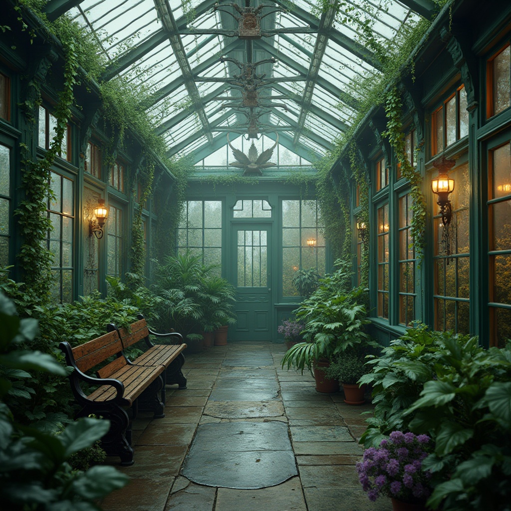 Prompt: Heliotrope color, unique touch, greenhouse aesthetics, tropical plants, vines crawling on glass walls, lush greenery, exotic flowers, warm soft lighting, misty atmosphere, dew droplets on leaves, intricate iron framework, Victorian-style architecture, ornate decorations, distressed wood accents, natural stone flooring, elegant benches, serene ambiance, 3/4 composition, cinematic color grading, bokeh effect.