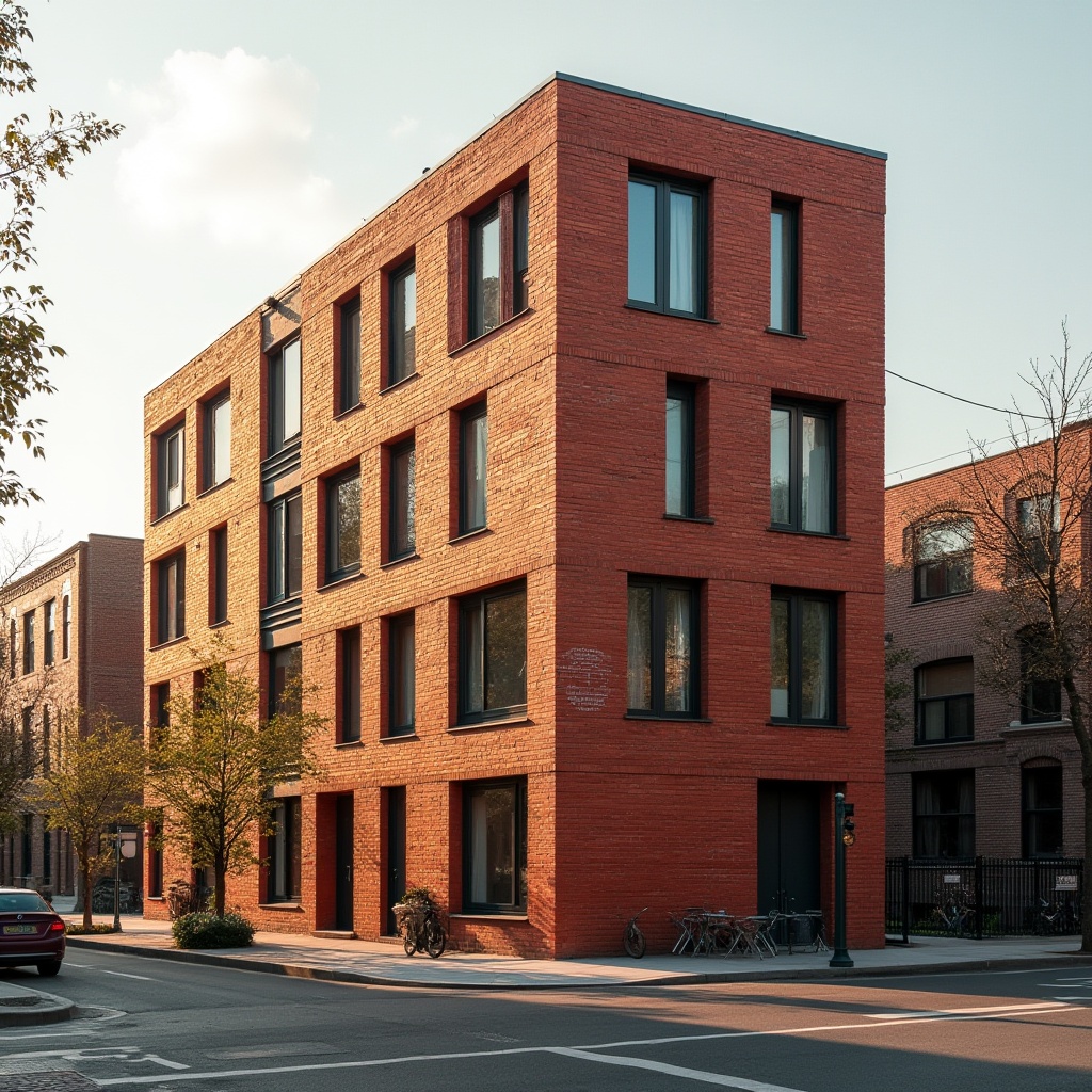 Prompt: Red brick building, social housing, sustainable architecture, eco-friendly, green design, modern façade, urban setting, cityscape, warm lighting, afternoon sun, slight shadow, fire-engine red color, rough texture, straight lines, rectangular structure, large windows, metal frames, minimalist decoration, functional design, environmental consciousness, community living.