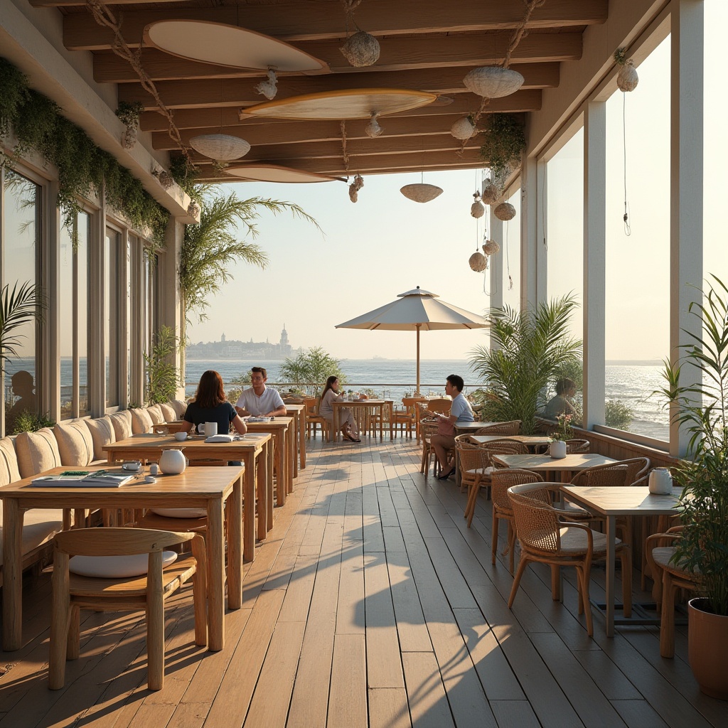 Prompt: Seaside coffee shop, warm sunny morning, coastal scenery, wooden decking, glass walls, minimalist interior design, comfortable sofas, wooden tables, rattan chairs, potted plants, soft pastel colors, seaside-themed decorations, surfboards on wall, nautical ropes, seashell chandeliers, large windows with ocean view, outside seating area, beach umbrellas, people relaxing and chatting, coffee cups and saucers, laptops and books, gentle sea breeze, sound of waves crashing, warm lighting, shallow depth of field, 3/4 composition, cinematic atmosphere.