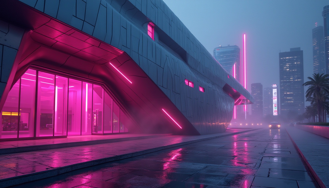 Prompt: Futuristic building, vibrant fuchsia accent wall, sleek metallic facade, angular lines, neon lights, urban cityscape, night scene, misty atmosphere, bold futuristic architecture, abstract geometric patterns, glowing accents, avant-garde design, 3/4 composition, low-angle shot, dramatic lighting, cinematic mood.