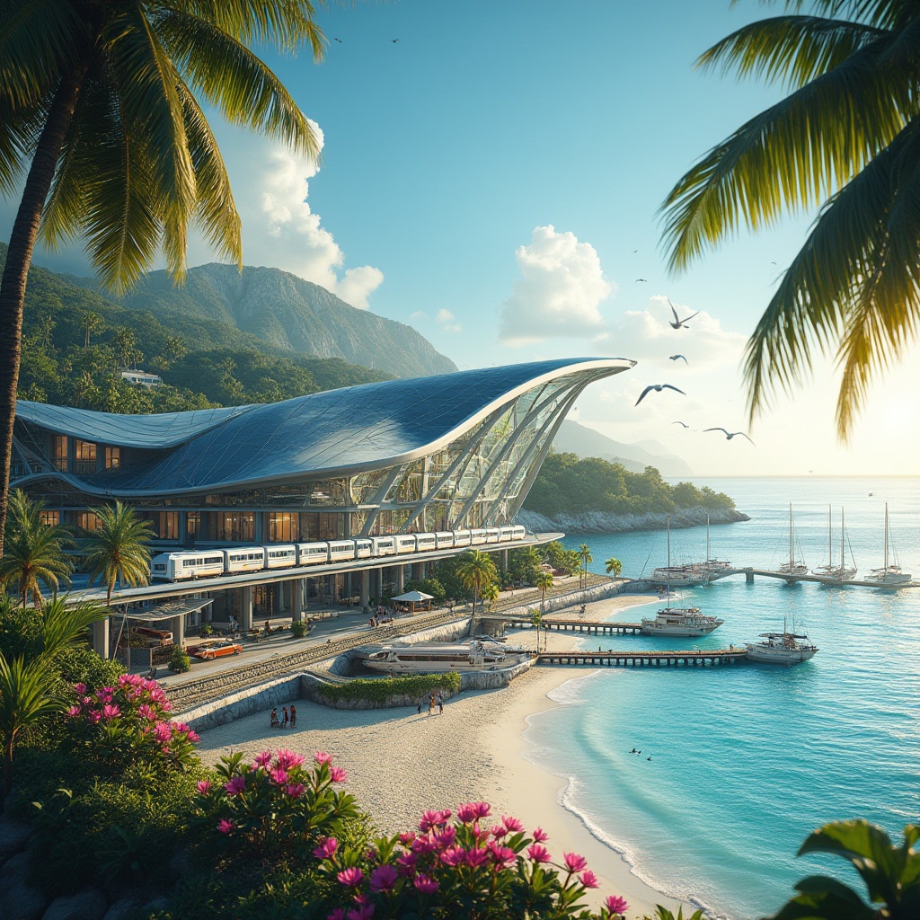 Prompt: Tropical island train station, futuristic architecture, modern curves, steel beams, glass roofing, palm trees surrounding, ocean views, seagulls flying overhead, bright blue sky, white sandy beach adjacent, crystal clear turquoise water, sailboats docked nearby, exotic flowers blooming, wooden pier jutting out, sunset lighting, warm golden tones, 3/4 composition, shallow depth of field, ambient light, cinematic atmosphere.