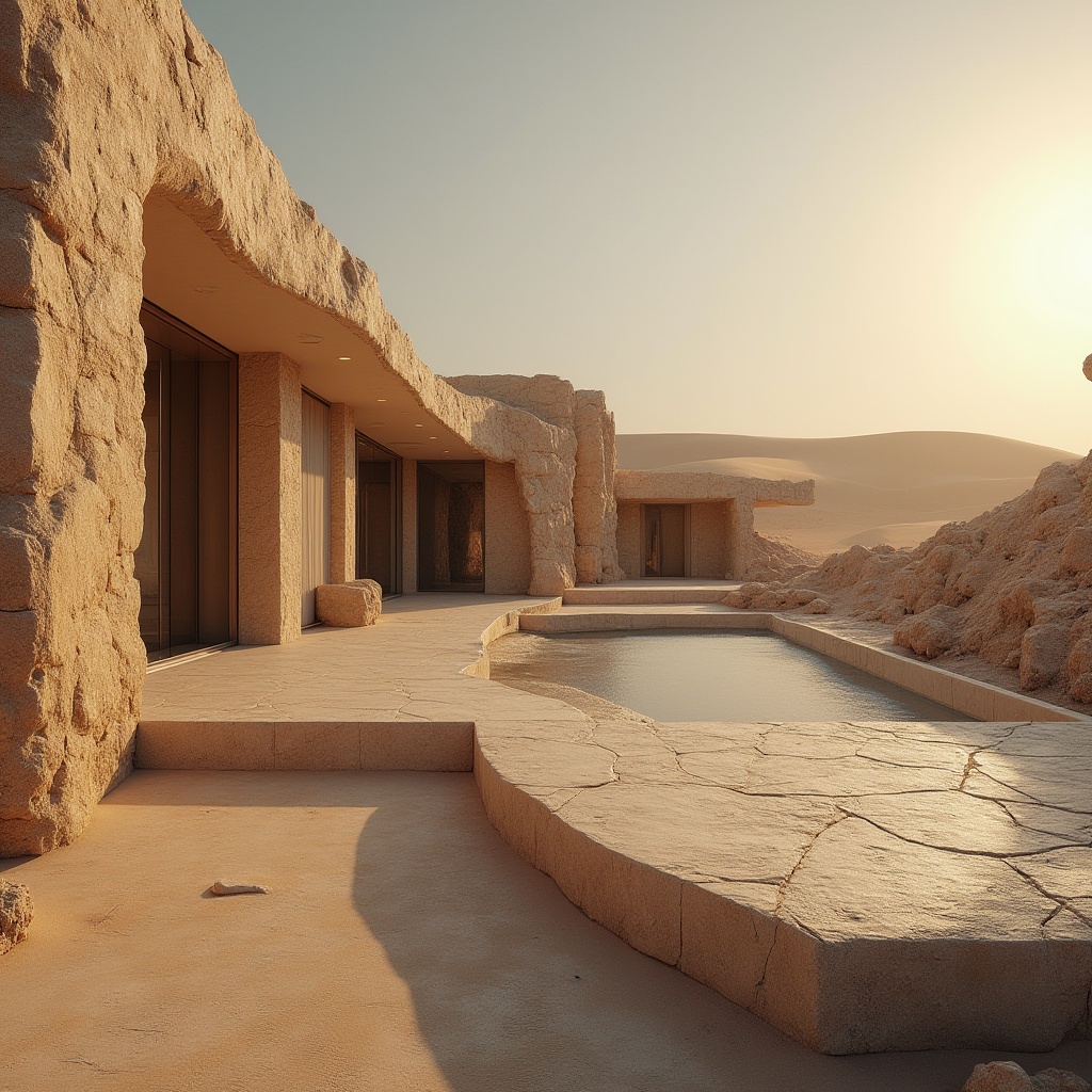 Prompt: Sand-casted materials, design concept, modern architecture, luxurious villa, desert landscape, sandy dunes, warm sunlight, dramatic shadows, intricate textures, rough stone walls, metallic accents, sleek lines, minimalist decor, ambient lighting, panoramic view, 3/4 composition, soft focus, warm color palette.