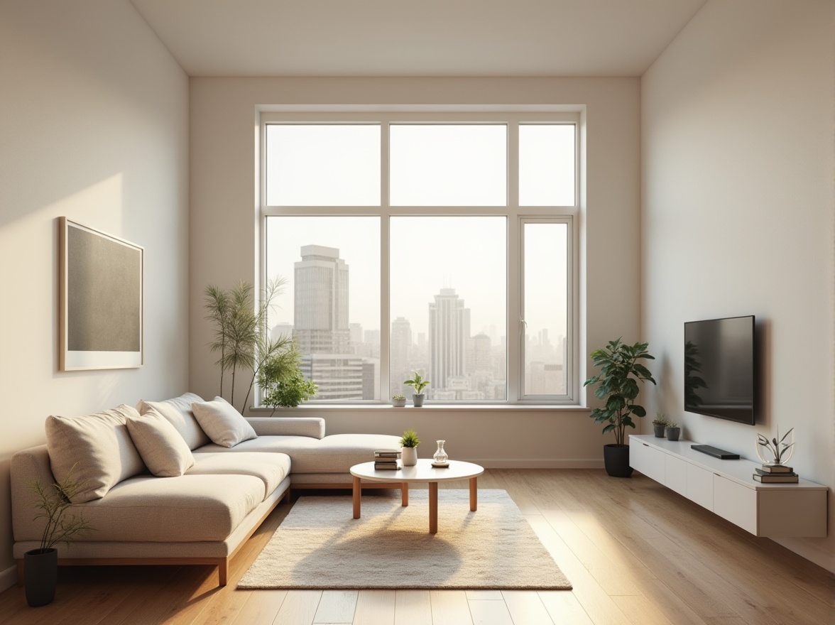 Prompt: Simple modern living room, minimalist interior, white walls, wooden floor, limited furniture, single sofa, low coffee table, few decorative items, plants on shelf, natural light, large windows, urban view, cityscape, skyscraper, afternoon sun, soft shadows, warm tone, shallow depth of field, cinematic composition.