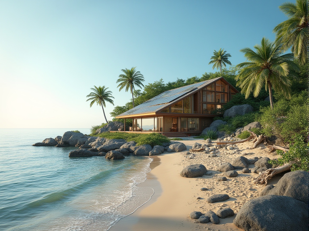 Prompt: Sustainable coastal architecture, modern eco-friendly building, solar panels, green roof, recycled materials, minimalist design, large windows, natural ventilation, ocean views, beachside location, palm trees, driftwood, seaside rocks, gentle waves, sunny day, blue sky, soft focus, shallow depth of field, 3/4 composition, warm natural light.