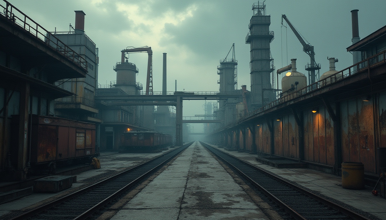 Prompt: Industrial area, urban landscape, factories, warehouses, steel structures, rusty metal, concrete floors, cranes, pulleys, conveyor belts, machinery, pipes, valves, industrial lights, misty atmosphere, cloudy sky, dramatic shadows, low-angle shot, cinematic composition, gritty texture, realistic details.