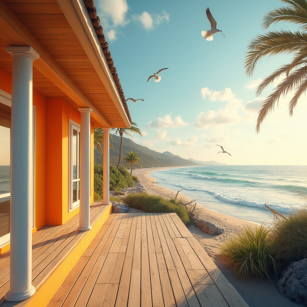 Prompt: Coastal scenery, vibrant tangerine color, beach house exterior, wooden deck, white pillars, large windows, open balcony, ocean view, palm trees swaying gently, seagulls flying overhead, sandy dunes, driftwood, warm sunlight, soft shadows, 3/4 composition, shallow depth of field, beautiful detailed textures, realistic, HDR, cinematic lighting.