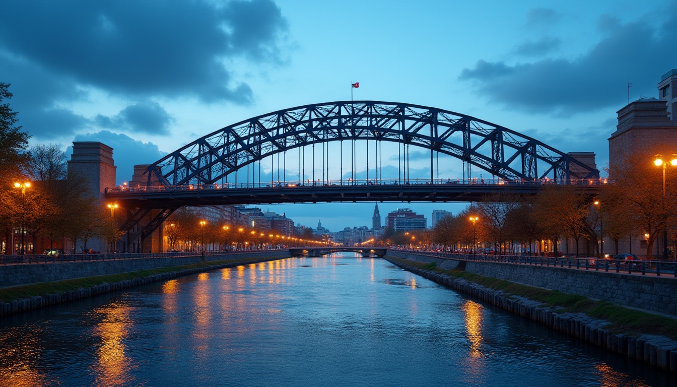 Prompt: International style bridge, majestic steel arches, suspended deck, modern minimalist railings, urban cityscape, blue daytime sky, few puffy clouds, gentle river flowing underneath, lush greenery on both banks, walking pedestrians, cycling locals, vibrant streetlights at dusk, warm softbox lighting, 3/4 composition, low-angle shot, cinematic atmosphere.