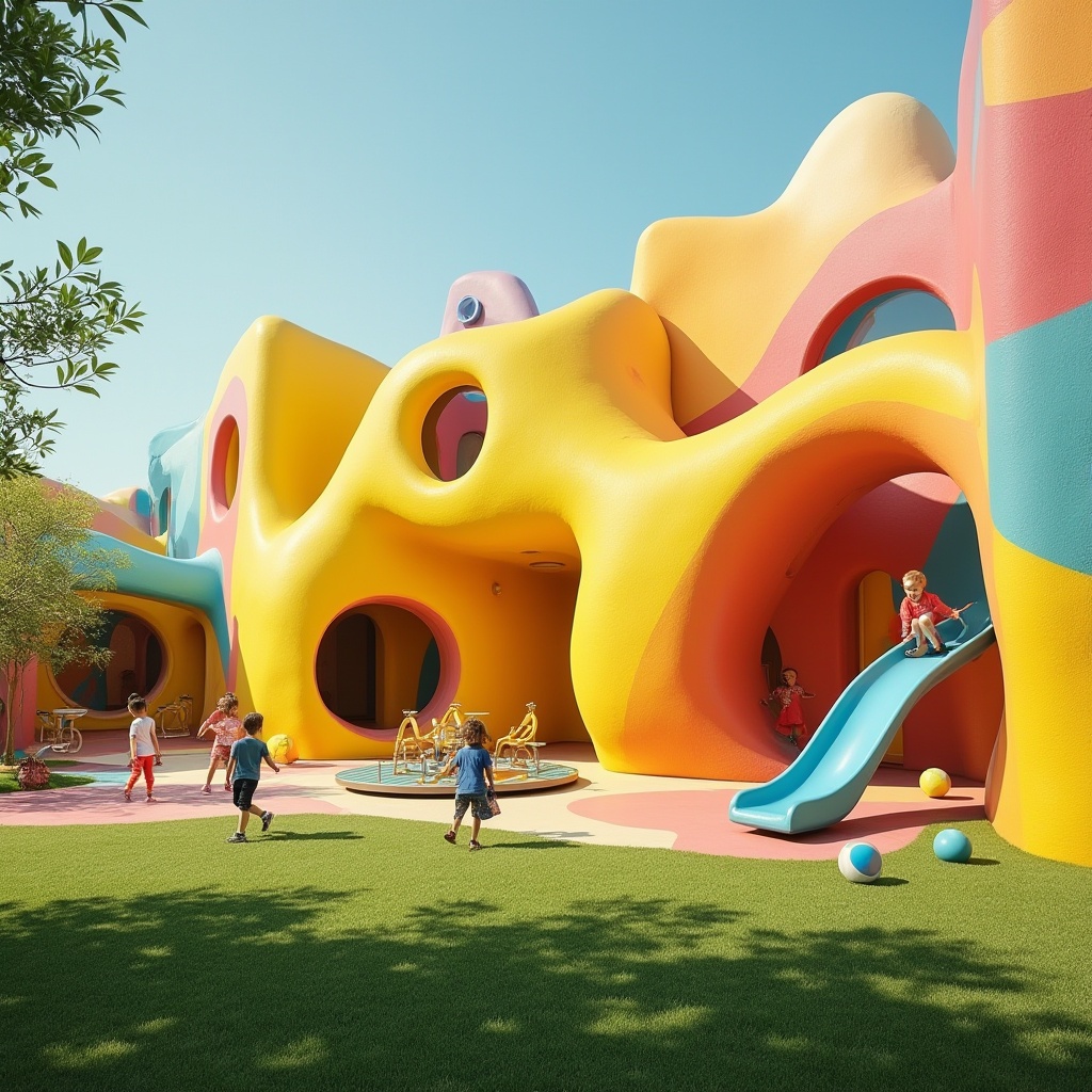 Prompt: Colorful kindergarten, experimental architecture style, futuristic building design, irregular shapes, vibrant colors, bold geometric patterns, playful atmosphere, children playing outside, slide attached to a bright yellow wall, merry-go-round in the corner, balls and toys scattered around, green grass, sunny day, warm lighting, shallow depth of field, wide-angle lens.