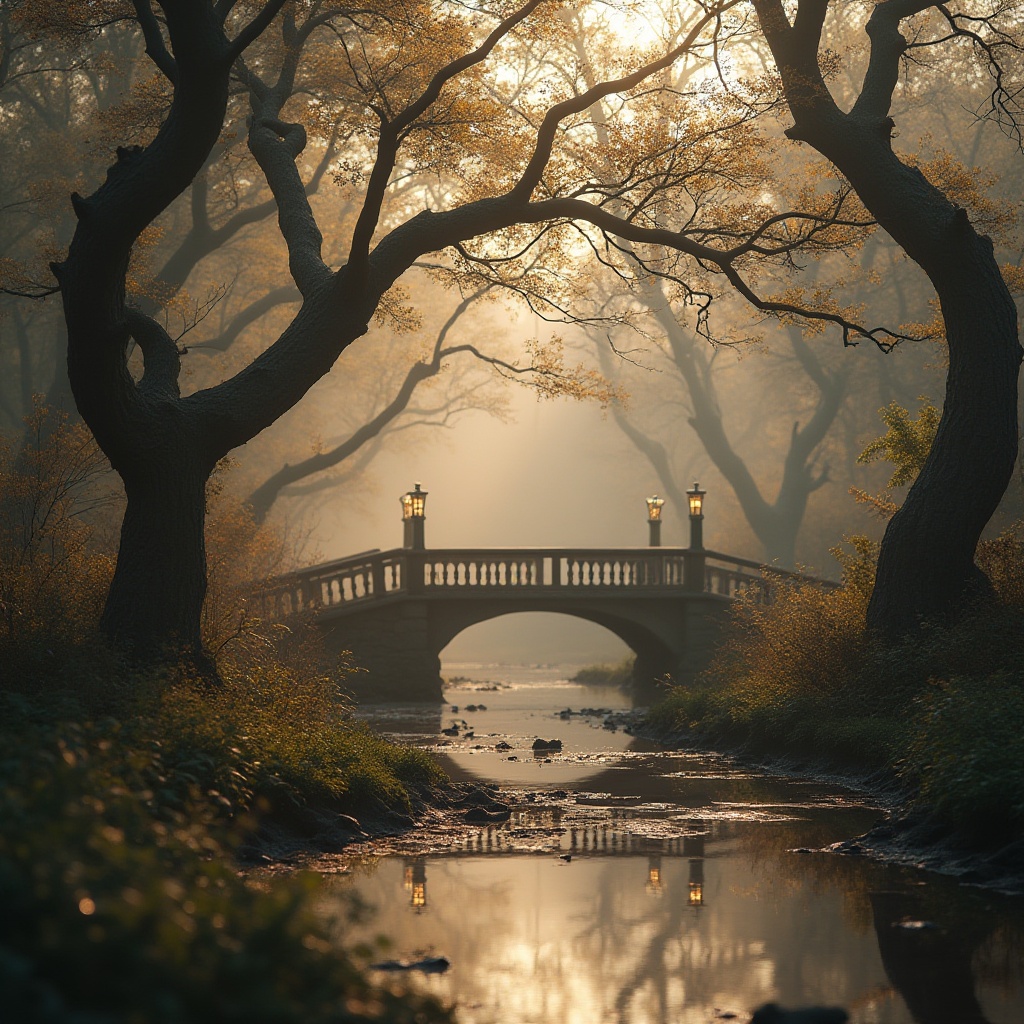 Prompt: Wetland landscape, coffee color tone, earthy atmosphere, murky water reflection, twisted tree branches, tangled vegetation, muddy pathways, rustic wooden bridges, vintage lanterns, morning mist, soft warm lighting, 3/4 composition, shallow depth of field, natural textures, organic forms, serene ambiance, peaceful scenery.