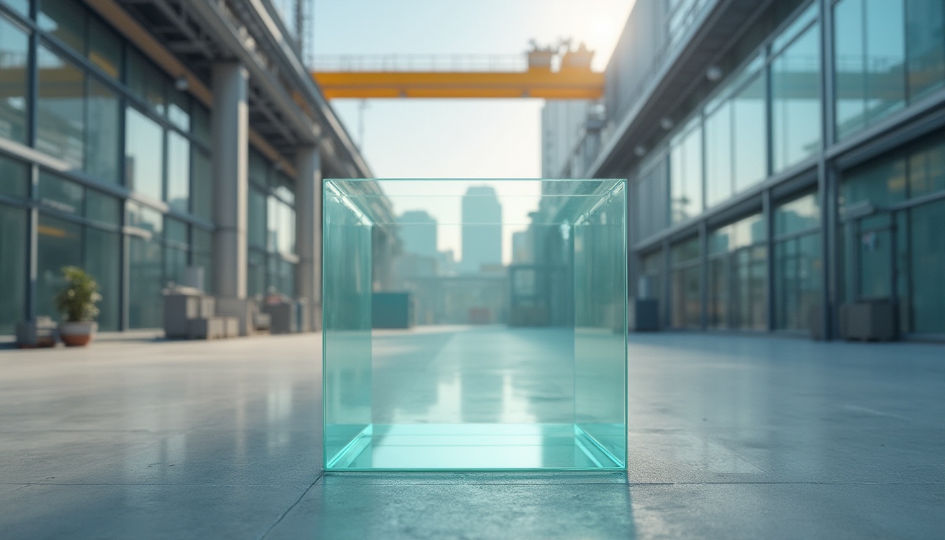 Prompt: Industrial setting, factory background, polycarbonate sheets, transparent glass-like material, high impact resistance, lightweight, easy to install, modern architecture, sleek lines, urban cityscape, sunny day, softbox lighting, shallow depth of field, product showcase, detailed texture, reflective surface, metallic frames.