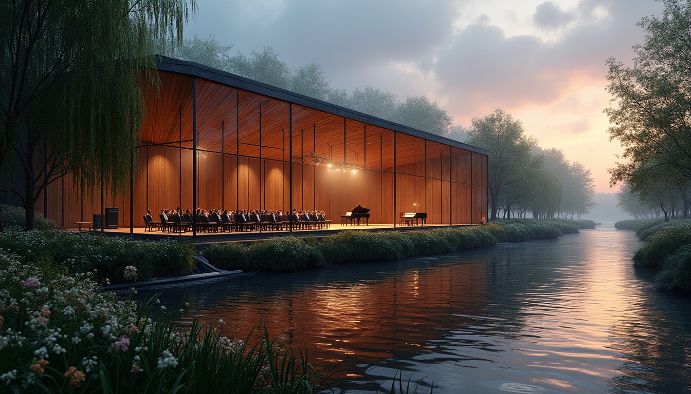 Prompt: Scenic concert house, riverside location, modern architecture, glass facade, steel structure, wooden interior, grand piano center stage, audience seating, spotlight lighting, evening atmosphere, river reflection on glass windows, weeping willows nearby, blooming wildflowers along the riverbank, gentle water flow, sailboats in the distance, sunset warm colors, soft ambient lighting, 3/4 composition, cinematic mood.