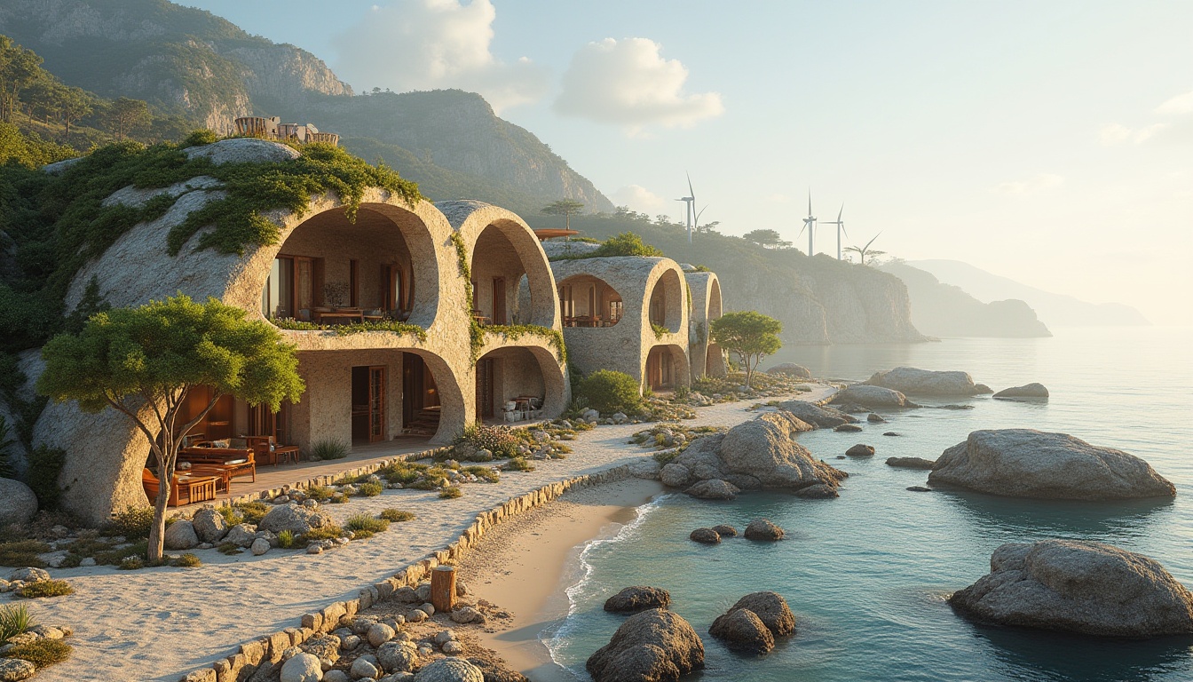 Prompt: Romanesque architecture, coastal setting, sustainable design, eco-friendly materials, curved lines, arched windows, rustic stone walls, green roofs, solar panels, wind turbines, beachside promenade, driftwood sculptures, seashell decorations, ocean-inspired colors, weathered wood textures, natural lighting, airy interior spaces, minimal waste construction, recycled glass, living walls, ocean views, misty mornings, soft golden light, serene atmosphere, 3/4 composition, cinematic depth of field.