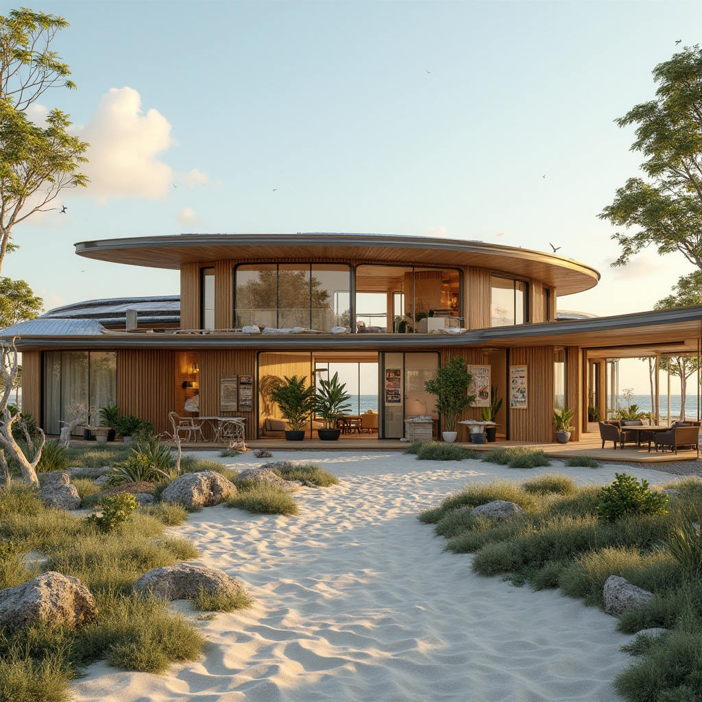 Prompt: Sustainable beach design, eco-friendly architecture, coastal villa, curved lines, wooden accents, large windows, solar panels, green roof, natural ventilation, recycling bins, minimal waste, beach cleanup initiative, community involvement, educational signage, native plants, driftwood decorations, weathered wood, ocean-inspired color palette, serene atmosphere, early morning, soft golden light, gentle sea breeze, sounds of seagulls, panoramic view, 3/4 composition, natural textures, warm and inviting ambiance.