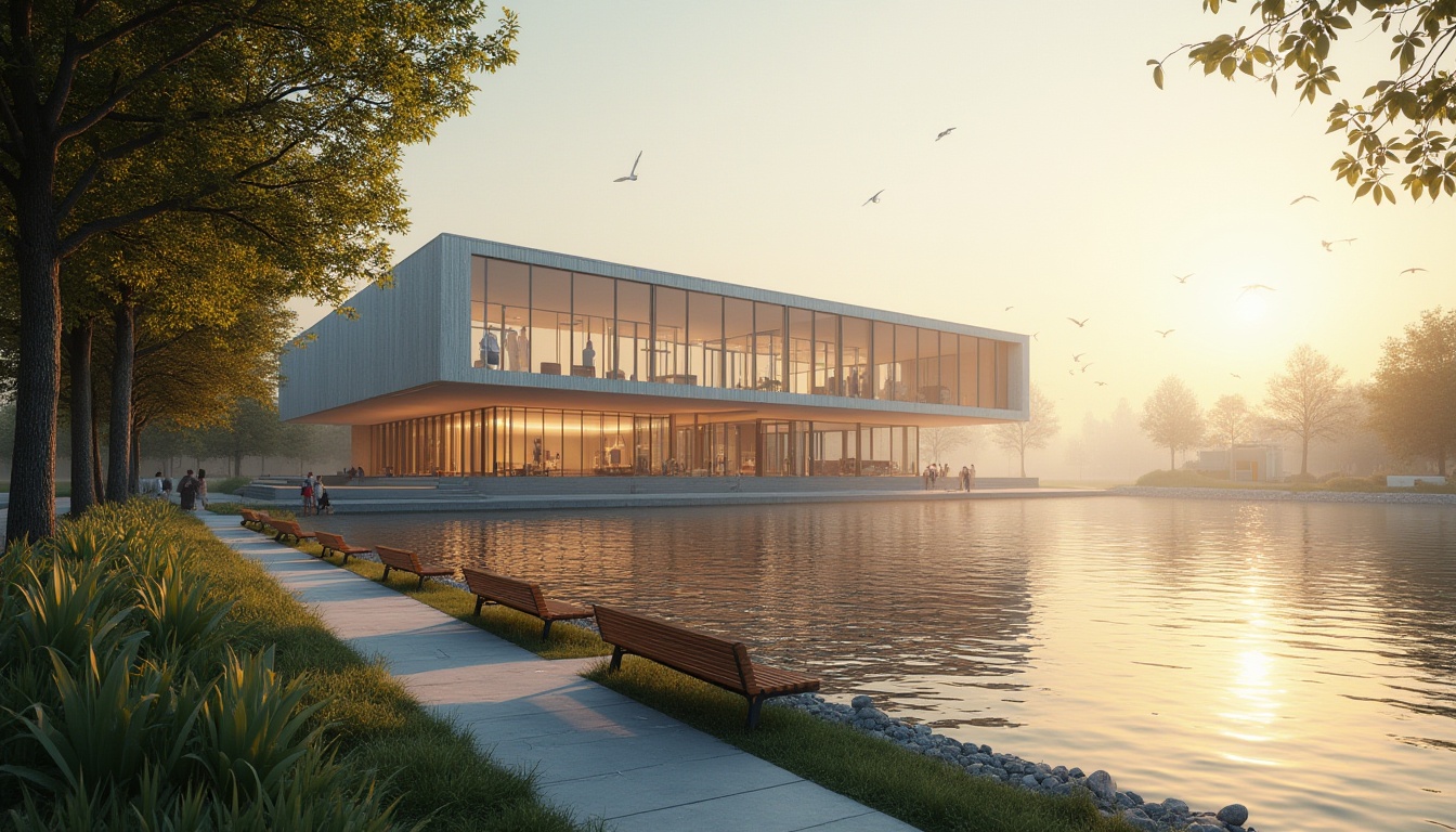 Prompt: Modern exhibition center, riverbank, evening time, warm golden lighting, reflective water surface, sleek glass facade, minimalist architecture, lush greenery, walking path, benches, scenic views, sailboats, seagulls flying overhead, gentle breeze, misty atmosphere, 3/4 composition, panoramic view, soft focus, blurred background.