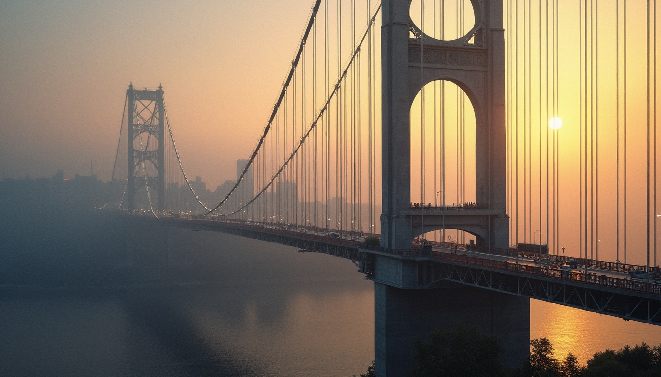 Prompt: Granite, bridge, infrastructure, urban landscape, cityscape, steel beams, suspension cables, concrete piers, river crossing, modern architecture, sturdy pillars, ornate railings, misty morning, soft golden light, warm ambient glow, 3/4 composition, dramatic low-angle shot, cinematic depth of field.