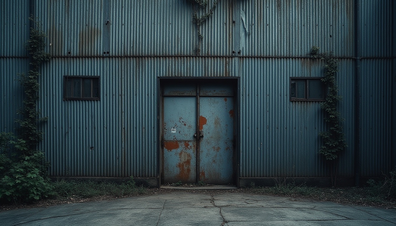 Prompt: Modern architecture, corrugated metal wall, industrial style, urban cityscape, grey-blue tone, metallic texture, linear structure, vertical lines, abstract composition, low-angle shot, dramatic lighting, high contrast, gritty atmosphere, urban decay, abandoned factory, rusty metal door, broken windows, overgrown with vines.