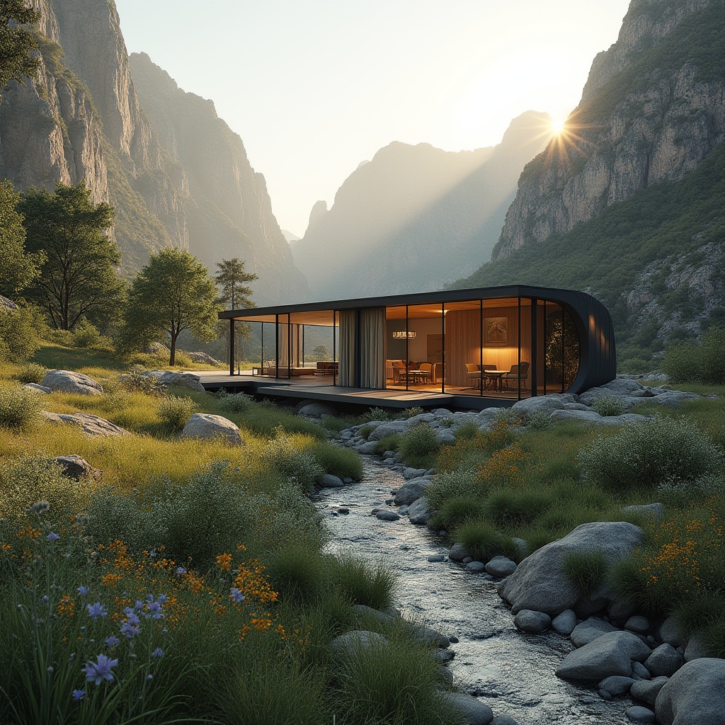 Prompt: Canyon landscape, modern pavilion, minimalist architecture, curved lines, steel structure, wooden accents, floor-to-ceiling glass walls, panoramic views, surrounding rock formations, lush greenery, wildflowers blooming, gentle stream running through, warm afternoon sunlight, soft shadows, ambient lighting, 3/4 composition, wide-angle lens.