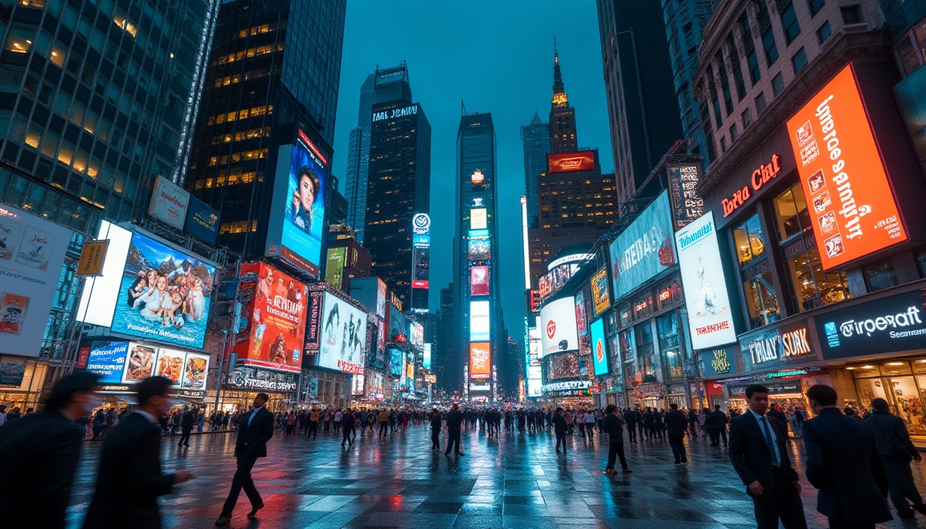 Prompt: Commercial districts, modern skyscrapers, bustling streets, neon lights, advertisements, billboards, city night view, high-rise buildings, glass and steel materials, reflections, busy pedestrians, suits, briefcases, shopping bags, urban atmosphere, vibrant colors, dynamic composition, low-angle shot, wide-angle lens, cinematic lighting, HDR.