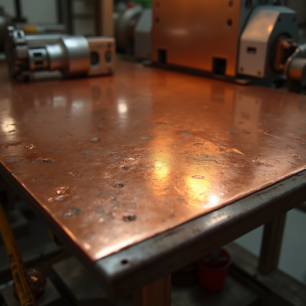 Prompt: Copper material, industrial design, modern architecture, copper sheet, metallic texture, reflective surface, futuristic, high-tech, mechanical parts, machinery, factory setting, bright lighting, dramatic shadows, close-up shot, abstract composition, warm tone, HDR effect.