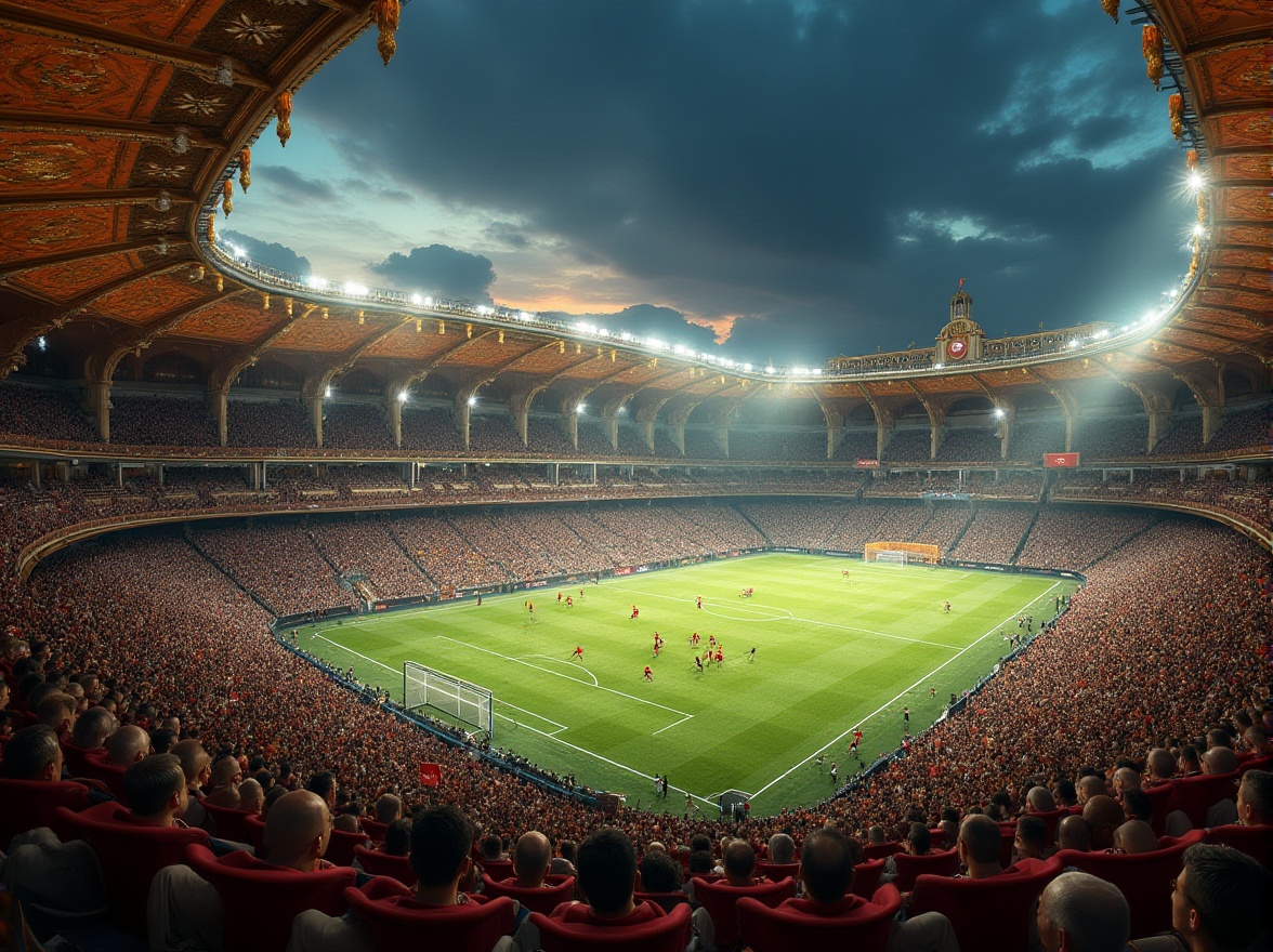 Prompt: Renaissance style football stadium, grandiose architecture, ornate details, arches, columns, domes, statues, intricate carvings, luxurious VIP boxes, red velvet seats, golden railings, marble floors, fresco ceilings, majestic chandeliers, nighttime illumination, dramatic spotlighting, crowded cheering audience, energetic players in action, green grass field, goalposts, footballs flying through the air, dynamic movements, athletic builds, muscular men, sweaty faces, intense facial expressions, triumphant celebrations, confetti rain, European cityscape, historic urban landscape, Renaissance-inspired buildings, ancient bridges, tranquil riverside.