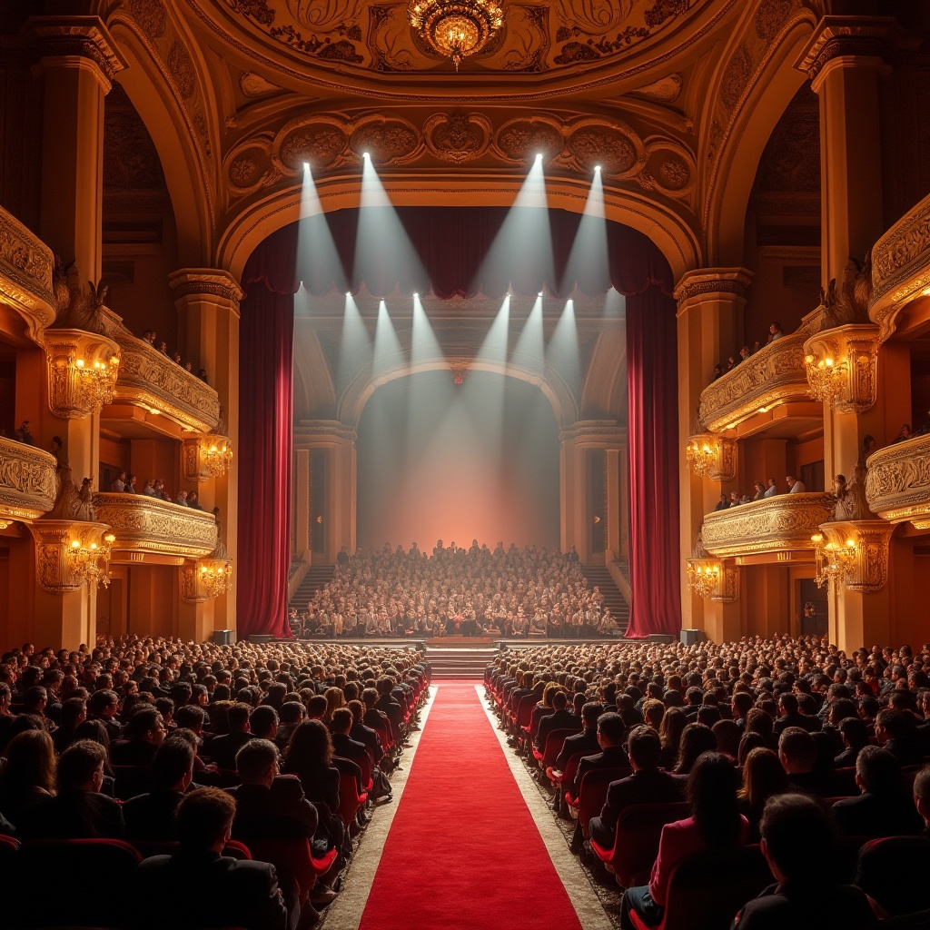 Prompt: Grand opera house, canyon-inspired architecture, majestic entrance, arches, columns, sandstone walls, ornate carvings, red carpet, golden chandeliers, grand staircase, balconies, velvet curtains, luxurious interior, evening lighting, spotlight on stage, audience in formal attire, dramatic shadows, warm ambient glow, cinematic composition, symmetrical framing.