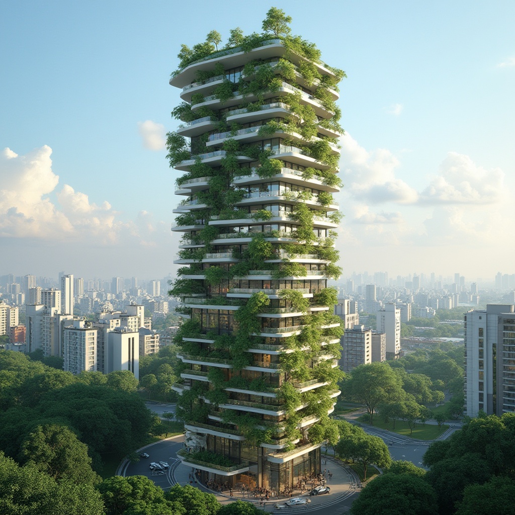 Prompt: Sustainable tower, modern architecture, eco-friendly design, green roofs, solar panels, wind turbines, recycling facilities, rainwater harvesting system, grey water reuse, low-carbon concrete, locally sourced materials, minimally invasive foundation, vertical forest, lush greenery, urban skyscraper, cityscape, blue skies, fluffy white clouds, bird's eye view, panoramic composition, natural light, soft shadows, warm ambient lighting.