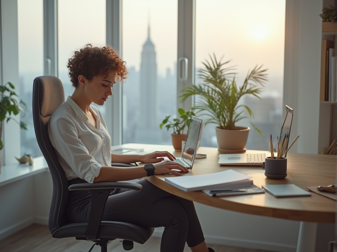 Prompt: Minimalist modern home office, female designer, 25yo, short curly brown hair, subtle makeup, white blouse, high-waisted dark gray pants, black sneakers, sitting on ergonomic chair, legs crossed, hands typing on MacBook, Apple Watch, coffee cup, notebook, pencils, ruler, plants on shelf, floor-to-ceiling window, natural light, panoramic view of cityscape, blurred background, warm color tone, 3/4 composition, softbox lighting.