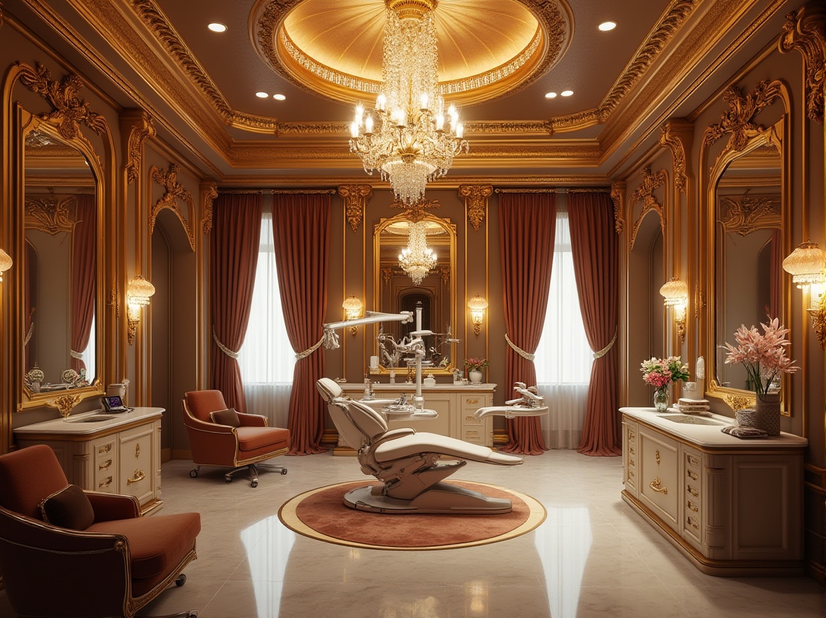 Prompt: Luxurious dental clinic, Baroque style interior, grand chandelier, ornate gold frames, intricate carvings, velvet drapes, marble flooring, lavish furnishings, elegant curves, opulent textures, warm golden lighting, ornamental mirrors, rich wood accents, stately columns, plush patient chairs, futuristic dentist equipment, sleek metallic surfaces, spotlights highlighting dental tools, soft focus background, shallow depth of field, cinematic composition.