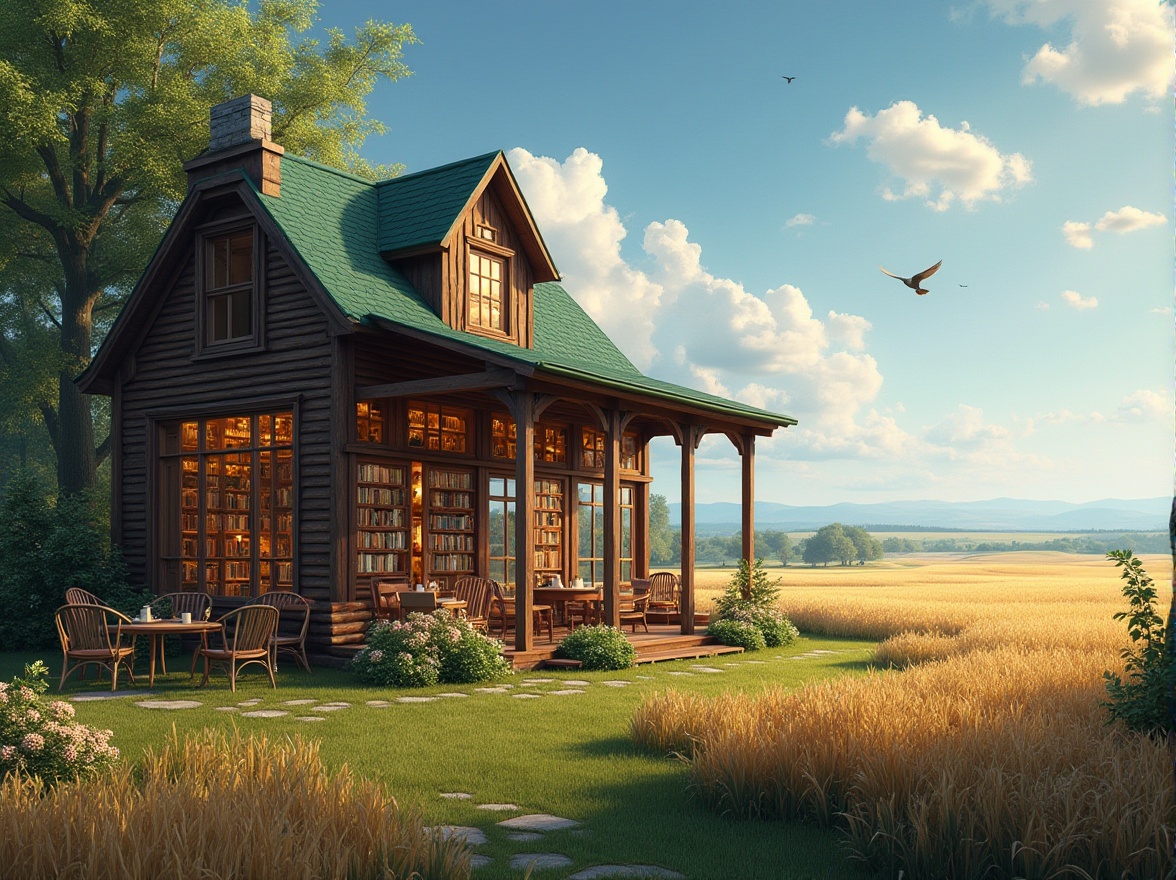 Prompt: Rural library, countryside, serene landscape, wooden building, green roof, large windows, natural light, cozy interior, bookshelves, comfortable chairs, warm lighting, reading nook, vintage decor, flowers on tables, peaceful atmosphere, surrounded by vast farmland, rolling hills, golden wheat fields, blue sky, fluffy white clouds, few birds flying overhead, gentle breeze, soft focus, cinematic composition.