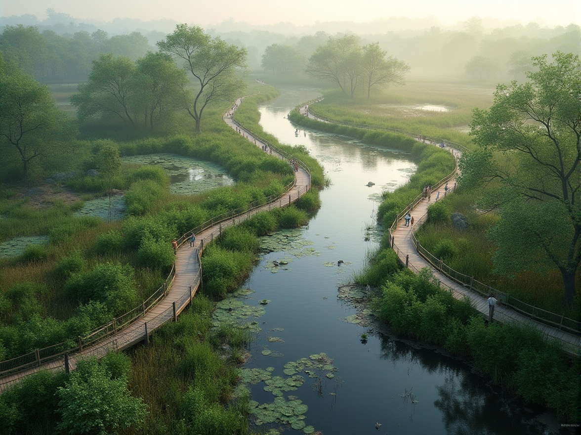 Prompt: Wetland constructivism projects, successful case studies, aerial view, bird's eye perspective, lush green vegetation, winding waterways, serene natural ambiance, wooden boardwalks, observation decks, educational signs, diverse wildlife, aquatic plants, muddy shores, gentle ripples, soft morning light, misty atmosphere, peaceful composition, environmental conservation theme.