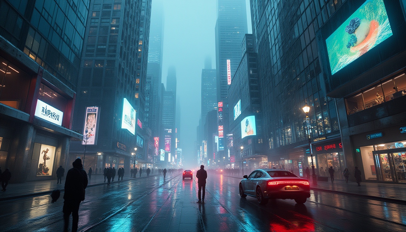 Prompt: Futuristic modern cityscape, neon lights, sleek skyscrapers, metallic glass buildings, holographic advertisements, virtual reality interfaces, robotic pedestrians, levitating cars, flying drones, advanced AI-powered robots, augmented reality contact lenses, cyberpunk atmosphere, rainy night, misty fog, 3/4 composition, low-angle shot, cinematic lighting, HDR, fish eye lens.