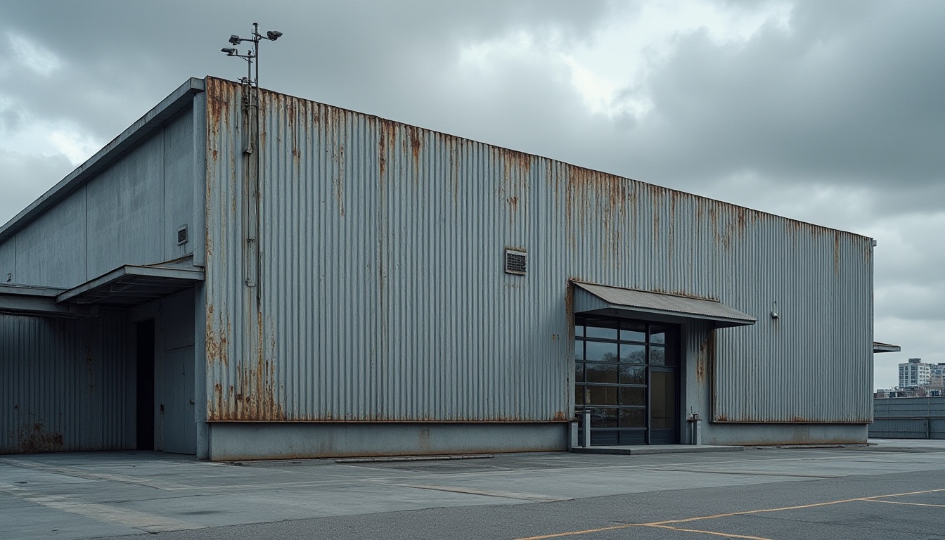 Prompt: Modern industrial building, corrugated metal wall, silver gray color, rusted texture, rectangular shape, straight lines, minimalist design, urban landscape, cityscape, cloudy sky, dramatic lighting, low-angle shot, strong contrast, bold composition, contemporary architecture, brutalist style, concrete floor, steel beams, functional aesthetic.