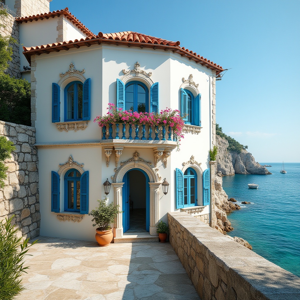 Prompt: Coastal Byzantine style house, seaside villa, white walls, blue windows, red-tiled roof, ornate stone carvings, intricate mosaics, arched doorways, grand entrance, marble floors, wooden shutters, blooming flowers on balcony, lush greenery, ocean views, sandy beach, crystal-clear waters, sailboats in distance, sunny afternoon, soft warm lighting, Mediterranean atmosphere.