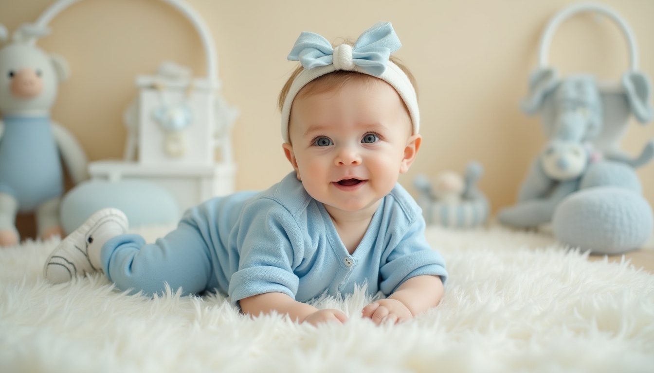 Prompt: Trendy baby girl, 3-6 months old, lying down, blue romper, white socks, tiny sneakers, soft toys surrounding, baby blue color theme, pastel shade, light beige background, warm and cozy atmosphere, gentle lighting, shallow depth of field, cute facial expression, soft focus, film grain effect.