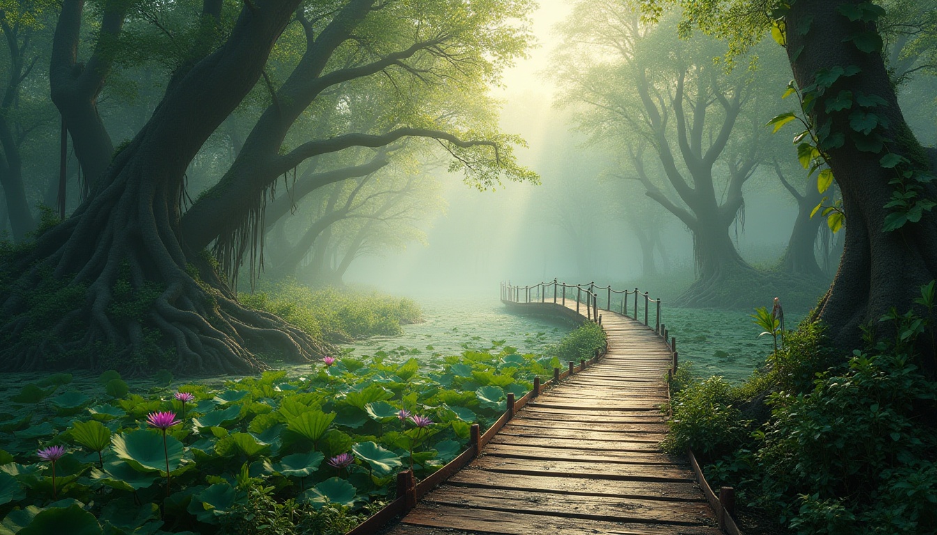 Prompt: Wetland, misty atmosphere, lush greenery, twisted roots, water lilies, cattails, lotus flowers, wooden boardwalk, winding path, rusty metal bridges, morning dew, soft fog, warm sunlight filtering through trees, vibrant colors, intricate textures, serene ambiance, 3/4 composition, shallow depth of field, natural light, cinematic mood, peaceful environment, mysterious atmosphere.