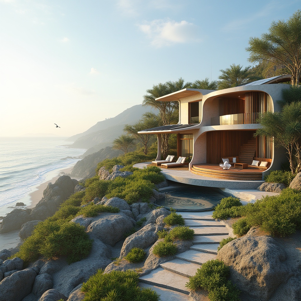 Prompt: Beachside villa, eco-friendly architecture, curved lines, natural materials, wooden accents, solar panels, green roof, rainwater harvesting system, recycling facilities, energy-efficient windows, bamboo flooring, minimalist interior design, beach-inspired color palette, outdoor shower, native plants, driftwood decorations, coastal erosion prevention, sustainable building practices, serene atmosphere, soft morning light, gentle ocean breeze, sounds of seagulls, panoramic view of the coastline.