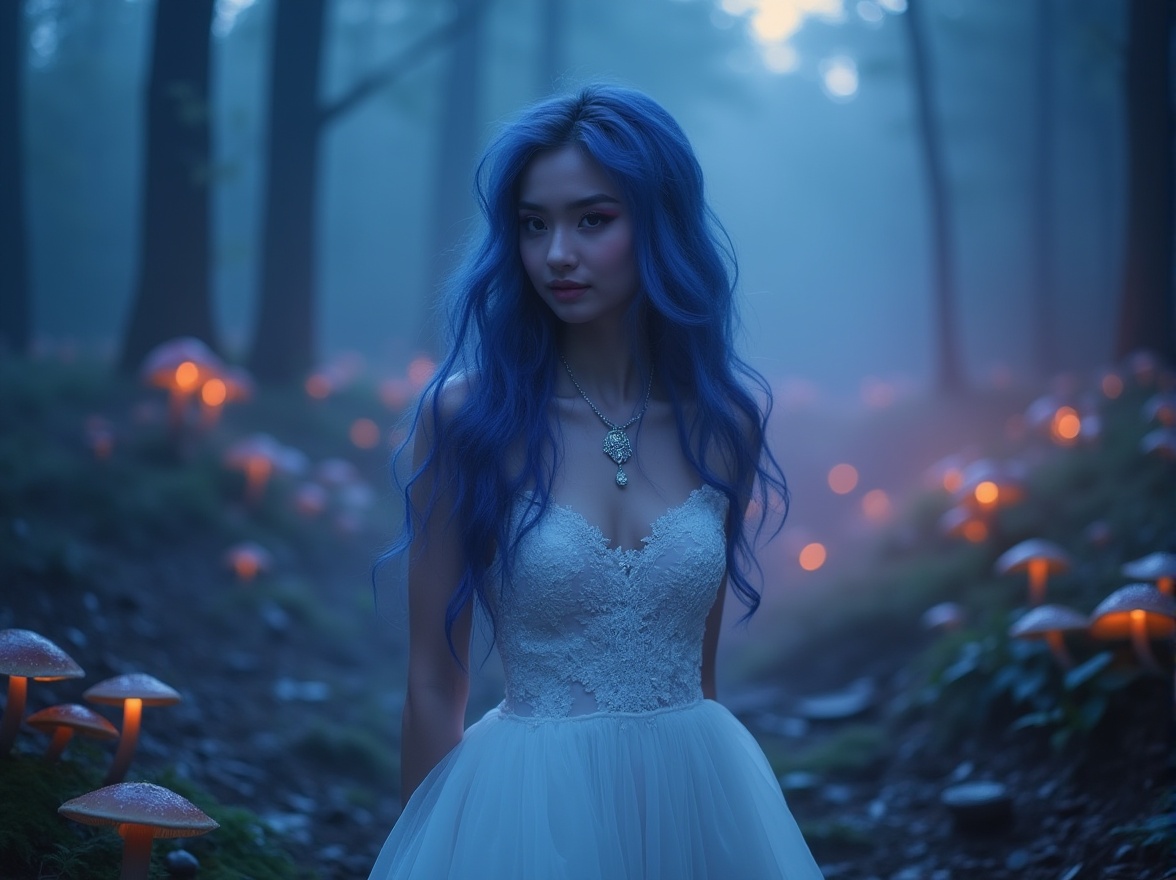 Prompt: Mystical, dreamy atmosphere, incorporating blue and violet colors, beautiful lady, 25yo, slender figure, long wavy blue-violet hair, subtle makeup, shimmering eyeshadow, bold eyeliner, elegant white dress with blue-violet ombre, flowing silk fabric, delicate lace details, sparkling diamond necklace, standing, misty forest, twilight hour, glowing mushrooms, soft focus, warm lighting, cinematic composition.